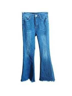 Risen Womens Mid-Rise Flare Jeans With Distressed Hem In Blue Size 27/5